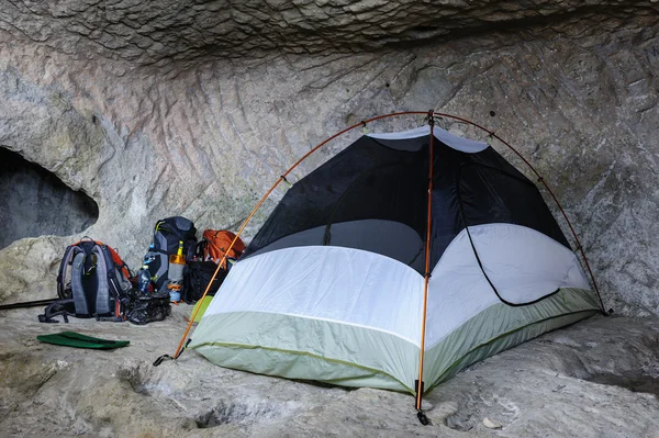 Tent in the cave — Stock Photo, Image