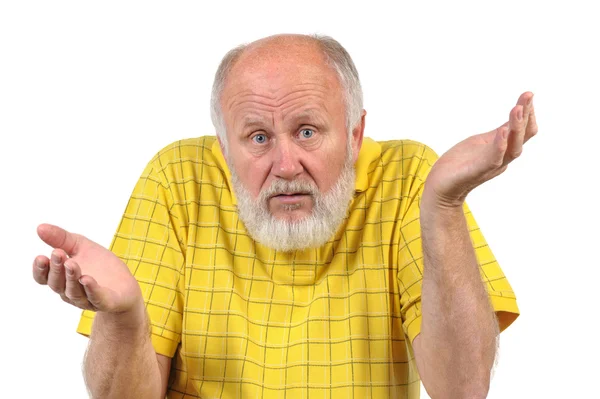 Senior bald man gestures disturbance — Stock Photo, Image