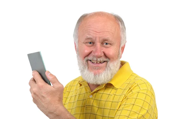 Lachende senior kale man met spiegel — Stockfoto