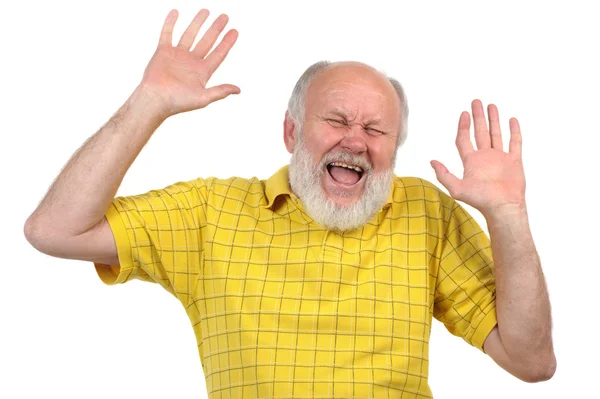 Hands up, smiling senior bald man — Stock Photo, Image