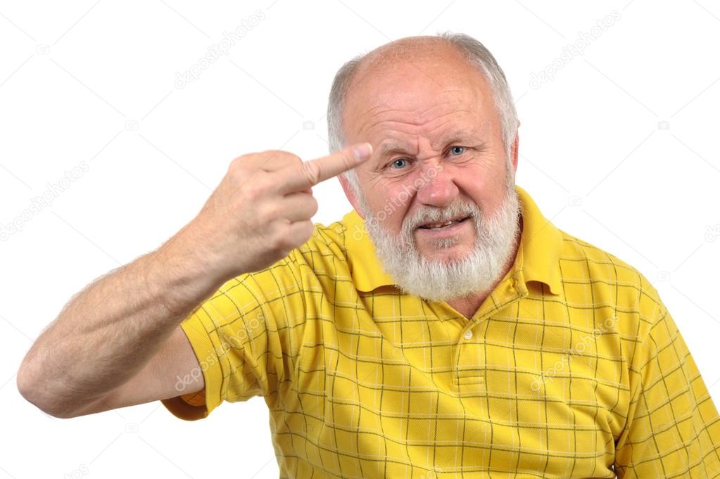 Senior bald man shows middle finger