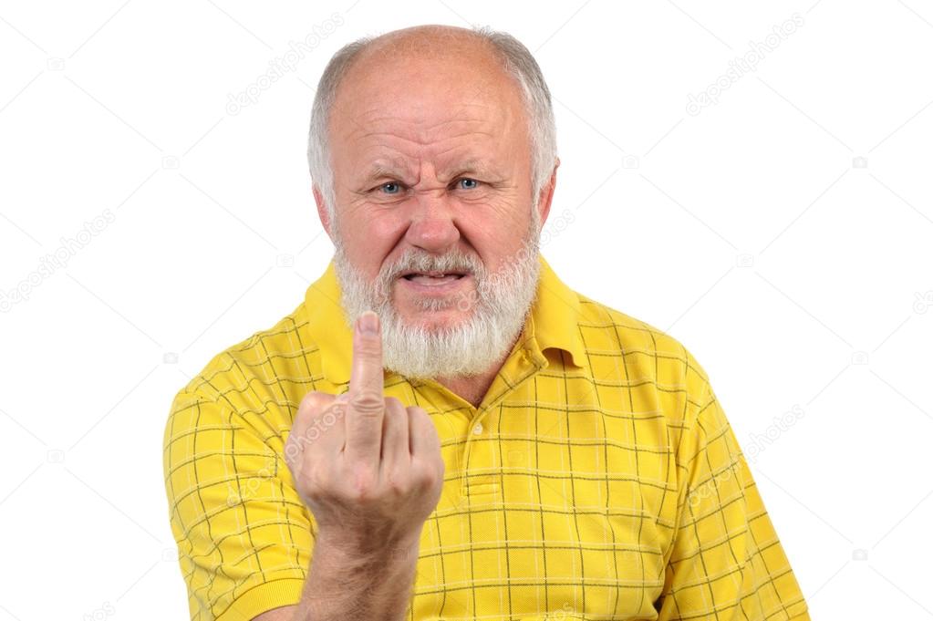 senior bald man shows fuck or middle finger