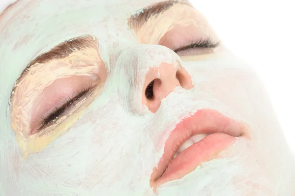 Salón de belleza, primer plano de la máscara facial aplicada —  Fotos de Stock