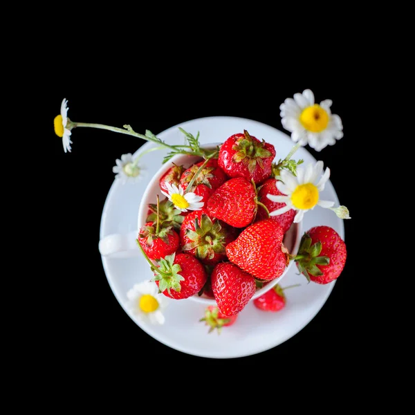 Chamomiles and strawberries in the cup — Stock Photo, Image