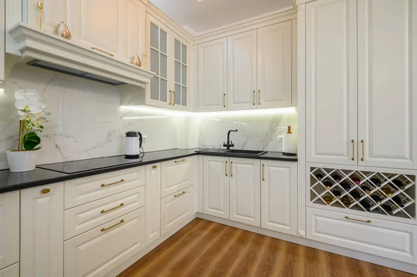 White Luxiry Modern Classic Kitchen Furniture Wine Rack Corner View — Stock Photo, Image
