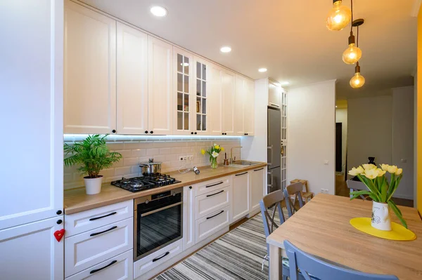 cozy well designed modern kitchen interior with appliances and dining table