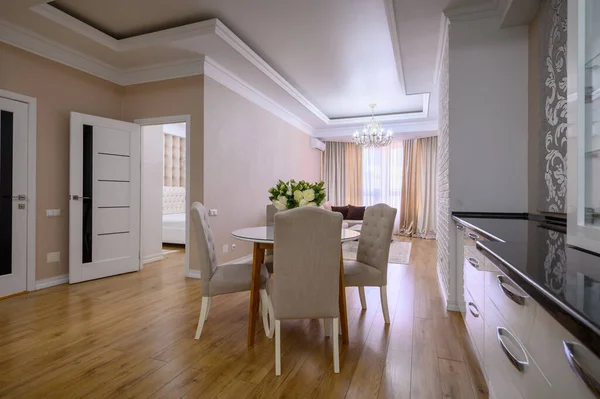 Lujo Blanco Rosa Moderno Apartamento Estudio Interior Con Comedor Sala —  Fotos de Stock