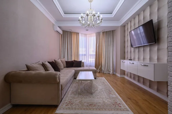 Luxury white and pink modern studio apartment interior with dining area, living area and bedroom