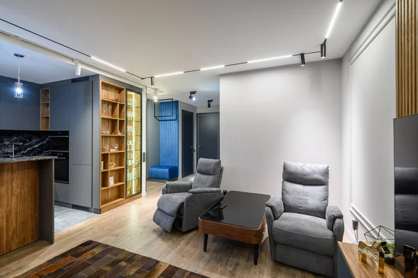 Sala Estar Luxo Com Cozinha Cinza Interior Apartamento Estúdio — Fotografia de Stock