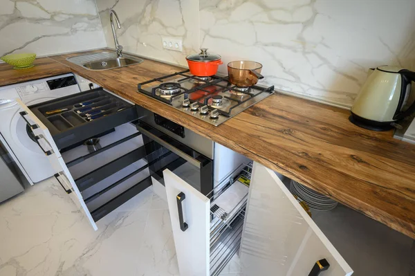 Closeup White Wooden Modern Kitchen Furniture Some Drawers Ejected High — ストック写真