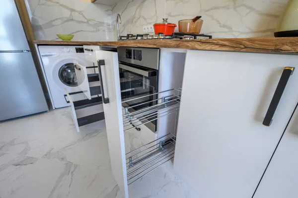 Closeup White Wooden Modern Kitchen Furniture Some Drawers Ejected High — Foto Stock