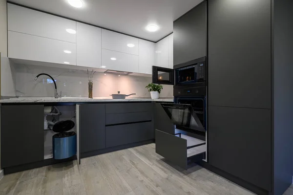 Showcase Interior Modern Simple Dark Grey White Kitchen Drawers Retracted — Stok Foto