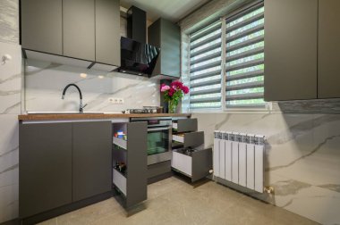 Küçük modern moda gri mutfağın gerçek vitrin içi, çizimler içeriyi göstermek için geri çekildi