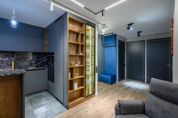 Stüdyo Dairesinin Içinde Gri Mutfağı Olan Lüks Oturma Odası — Stok fotoğraf
