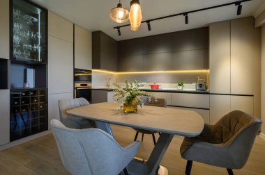 Large modern grey luxurious kitchen and dining room in studio apartment interior