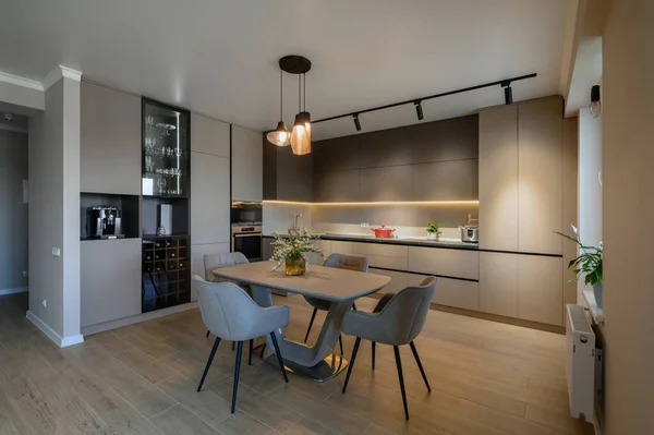 Large Modern Grey Luxurious Kitchen Dining Room Studio Apartment Interior — Stockfoto