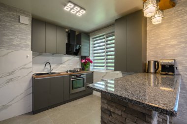 Real showcase interior of cozy designed modern trendy gray kitchen