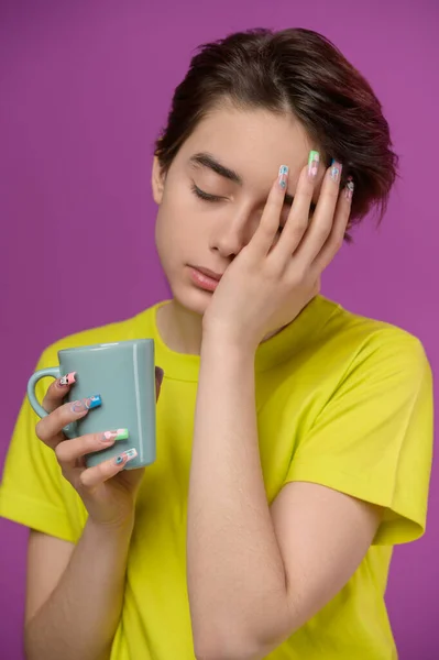Sleepy Sensual Young Girl Cup Coffee Morning Trying Wake Eyes — Stock Fotó