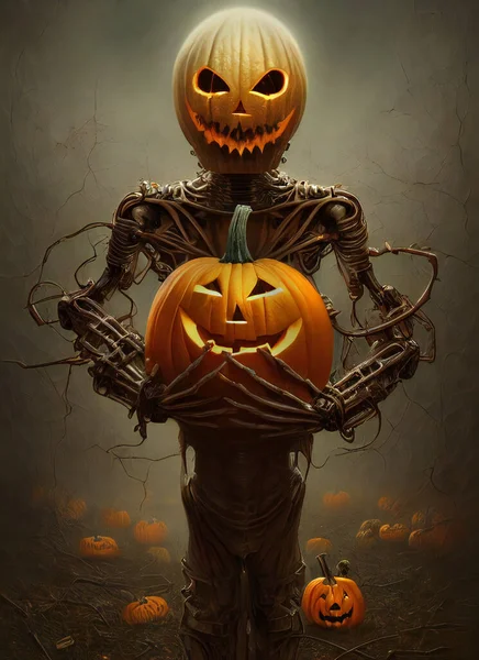 Spooky pumpkinhead monster holding carved pumpkin. Halloween 3D AI generated illustration