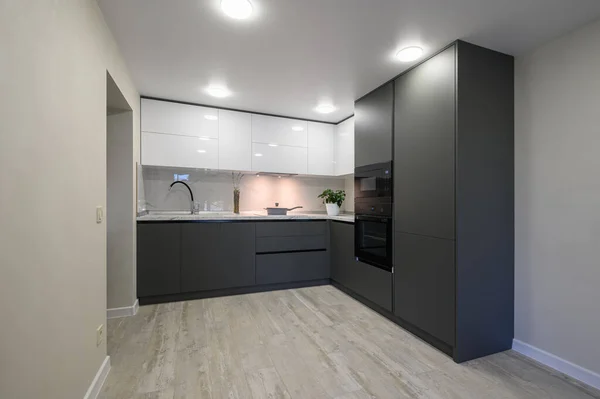 Showcase interior of modern simple trendy dark grey and white kitchen