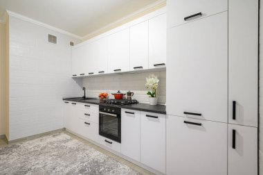 Moda kar beyazı modern mutfak vitrininde minimalist mobilyalar