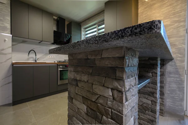 Kitchen Counter Closeup Cozy Modern Trendy Gray Kitchen — Stok fotoğraf