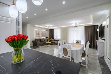 Lüks, beyaz, büyük, modern bir stüdyo. Mutfak masasının üzerinde siyah mermer tezgah var.