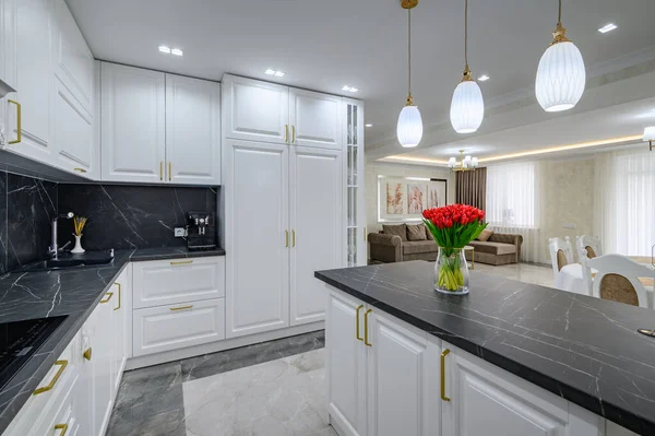 Large Black White Expensive Well Designed Modern Kitchen Studio Interior — стоковое фото