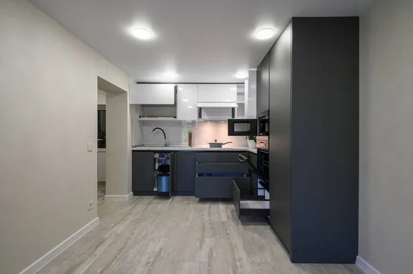 Showcase Interior Modern Simple Dark Grey White Kitchen Drawers Retracted — Φωτογραφία Αρχείου