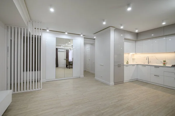 Salona Mutfağa Bağlı Kocaman Beyaz Bir Oda Yeni Bir Stüdyo — Stok fotoğraf