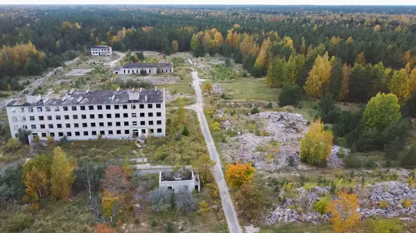 Luchtfoto Van Verlaten Militaire Spookstad Irbene Letland Voormalig Super Secret — Stockfoto