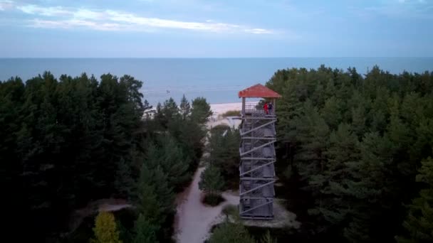 Αεροφωτογραφία Του Πύργου Θέασης Στο Ακρωτήριο Κόλκα Λετονία Ξύλινο Παρατηρητήριο — Αρχείο Βίντεο