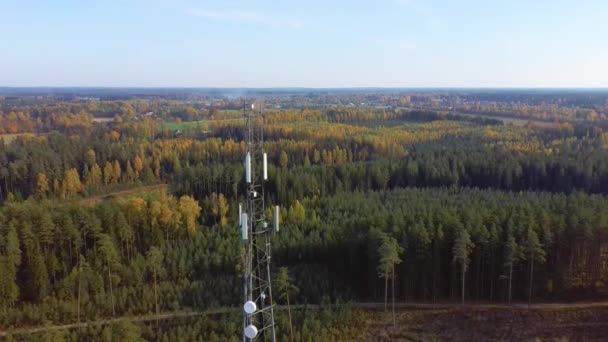 通信タワー5G 無線アンテナ通信システム モバイル通信セルタワー美しいカラフルな秋の田園風景背景 空中展望 — ストック動画