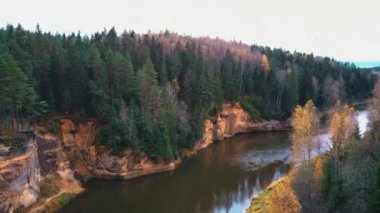 Erglu Kayalıkları ve Gauja Nehri Cesis, Letonya Büyük Manzarası. Gauja Ulusal Parkı 'ndaki Sonbahar Manzarası Kızıl Kayalar Taş Kayalıkları ve Nehir. Yukarıdan İHA ile Yakalandı. Hava Çekimi 4K.