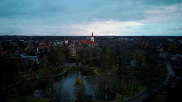 Panoramic Cesis City Latvia Aerial View Medieval Johns Church Ruins — Stock Video