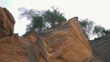Erglu Kayalıkları ve Gauja Nehri Cesis, Letonya Büyük Manzarası. Gauja Ulusal Parkı 'ndaki Sonbahar Manzarası Kızıl Kayalar Taş Kayalıkları ve Nehir. Stedicam Dolly 4K 'yı vurdu.