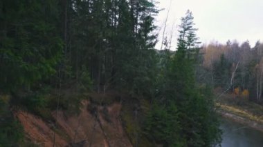 Erglu Kayalıkları ve Gauja Nehri Cesis, Letonya Büyük Manzarası. Gauja Ulusal Parkı 'ndaki Sonbahar Manzarası Kızıl Kayalar Taş Kayalıkları ve Nehir. Stedicam Dolly 4K 'yı vurdu.