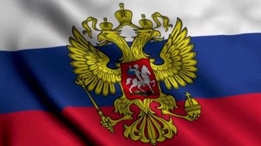 Rusya 'nın Armalı Rus Saten Bayrağı. Rusya Bayrağının Kumaş Dokusunu Sallayan, Rusya 'nın Gerçek Doku Bayrağı Kremlin Başkanlık Arması. Rus Kartalı.