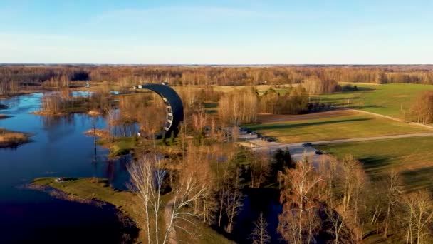 Modern Construction Observation Tower Kirkilai Green Nature Pond Sunset Birzai — стокове відео