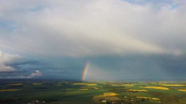 Şiddetli Bulutlar Altında Şiddetli Bulutlar Altında Şiddetli Fırtına Öncesinde, Çiçekli Kanola ile Tecavüz Alanının Üzerindeki Gökkuşağı. Tarım Manzarası Çok sayıda Sarı Kolza Tohumu Alanı. 