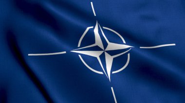 Nato Flag 'in animasyonu. Askeri İttifak Bayrağı. Gerçekçi Kumaş Dokusu Saten Bayrağı Kuzey Atlantik Antlaşma Organizasyonu Rüzgarda Dalgalanan Görüntü Arkaplanı