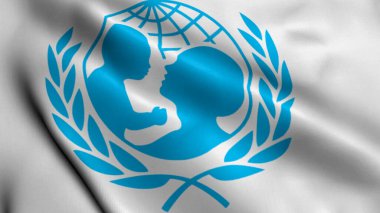 28 Haziran 2022, Riga, Letonya: Birleşmiş Milletler Uluslararası Çocuk Acil Durum Fonu Animasyonu. Gerçekçi Kumaş Dokusu Saten UNICEF Bayraklı Arka plan Video Dalgalanması