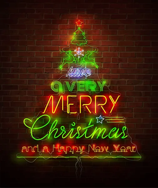 Signe néon de Noël contre mur rouge — Image vectorielle