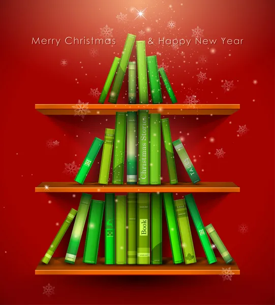 Raccolta di storie di Natale. Albero di Natale formato da libri sullo scaffale . — Vettoriale Stock