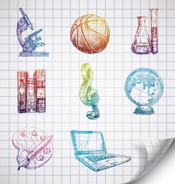 Kreslené školní ikony na papír linkovaný skicář. — Stockový vektor