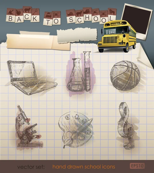 Kreslené školní ikony na papír linkovaný skicář. — Stockový vektor