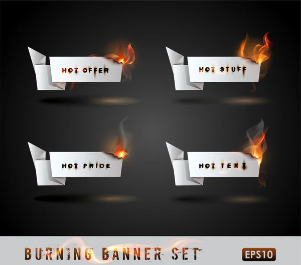 Brandend papier origami banner set. — Stockvector