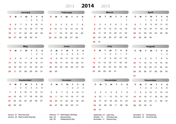 Calendario 2014 us-holidays — Vector de stock