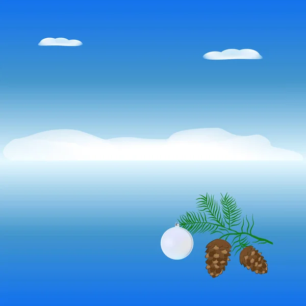 Journée Hiver Montagne Enneigée Branche Épinette Cônes Boule Noël Illustration — Image vectorielle