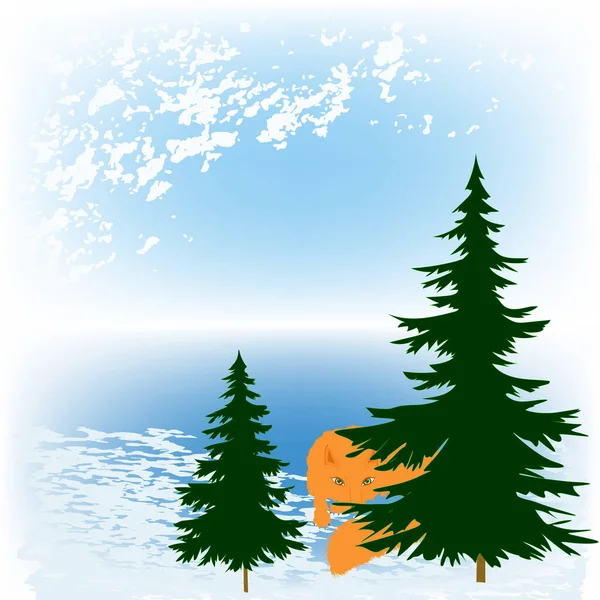 Alberi Abete Volpe Rossa Paesaggio Invernale Interessante Illustrazione Artistica Vettore — Vettoriale Stock
